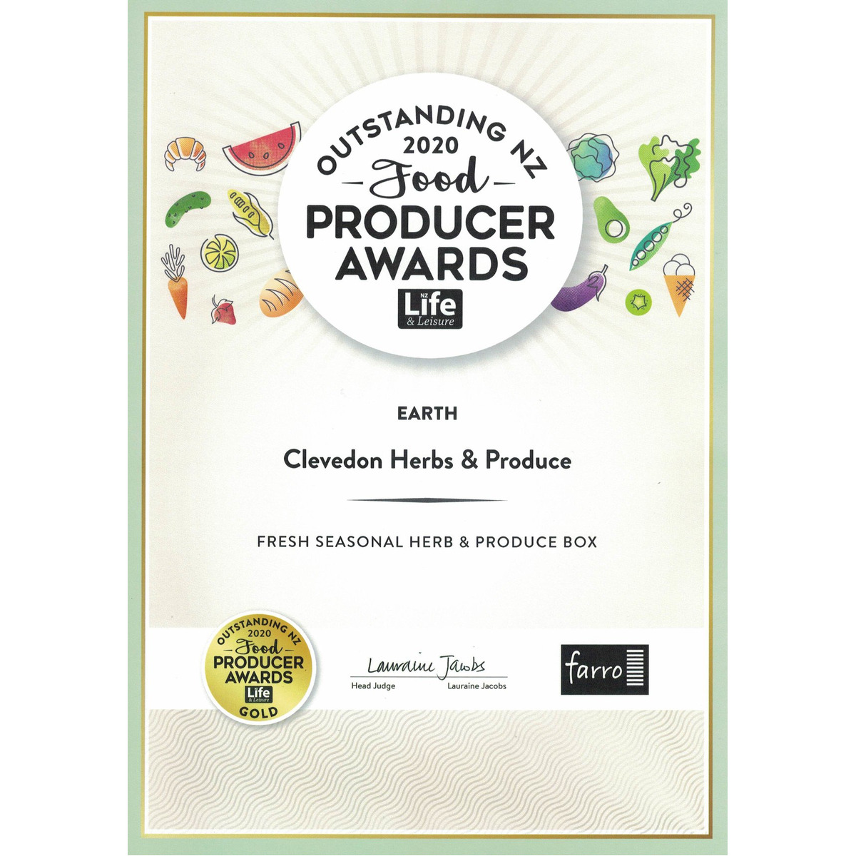 GOLD award in the 2020 Outstanding New Zealand Food Producers awards